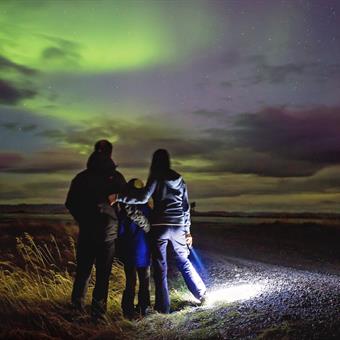 family watching the northern lights iceland