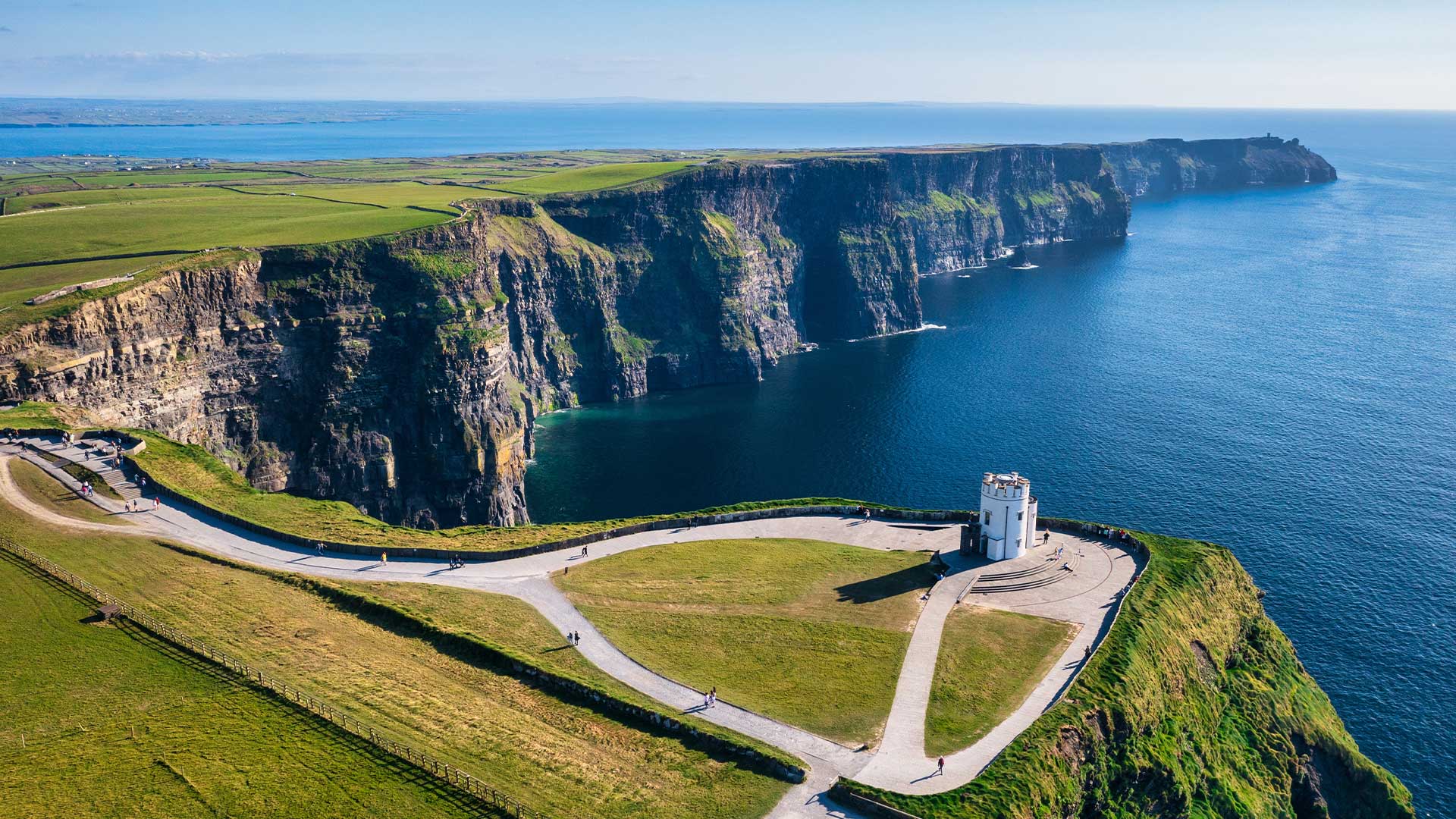 Aerial landscape with the Cliffs of Moher in County Clare Ireland