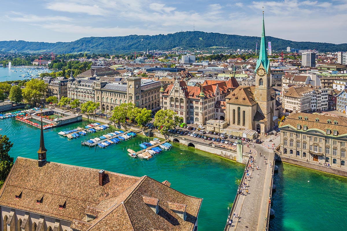 Aerial view of Zurich, Alps