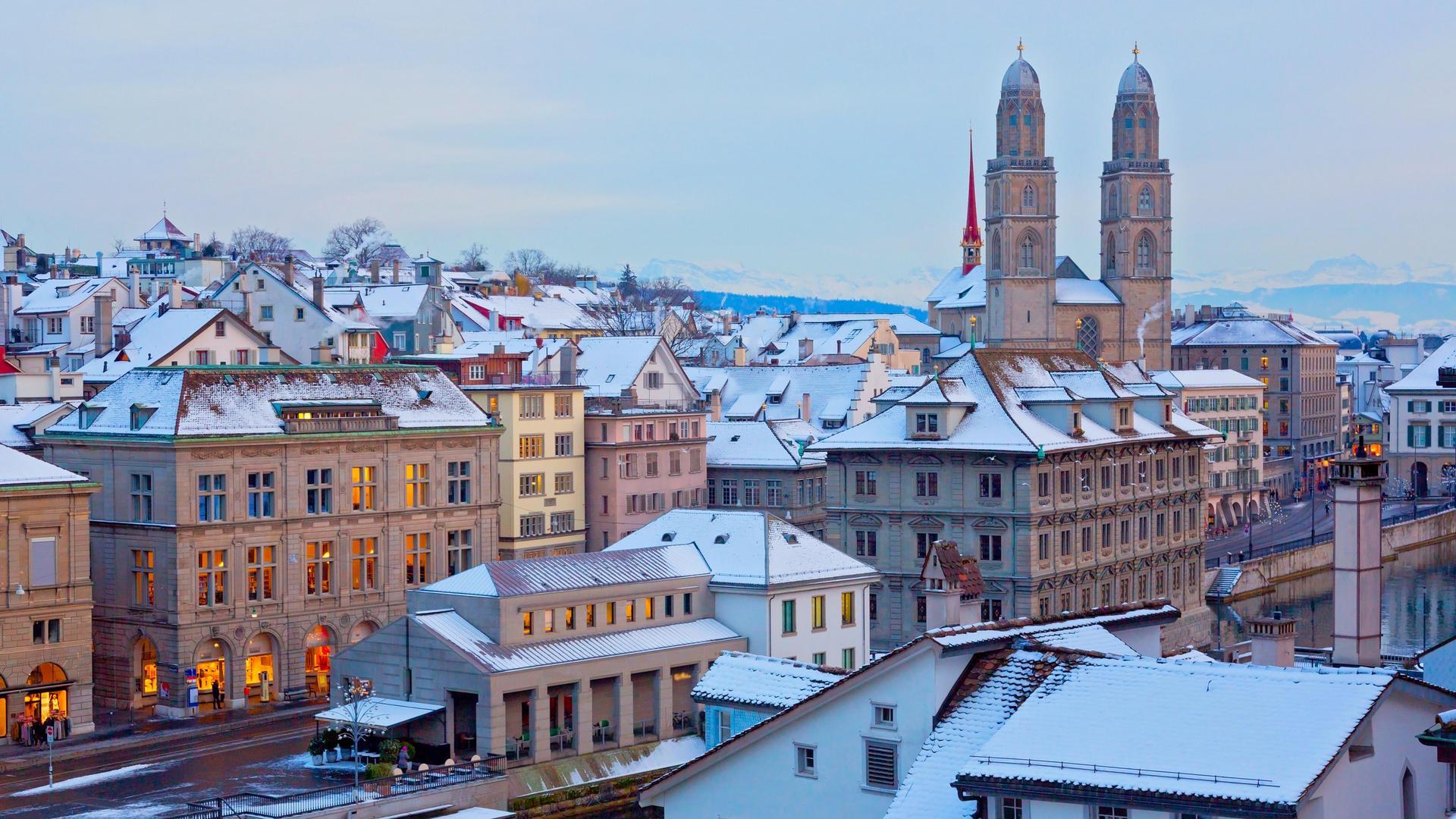 Aerial view of Zurich in Winter