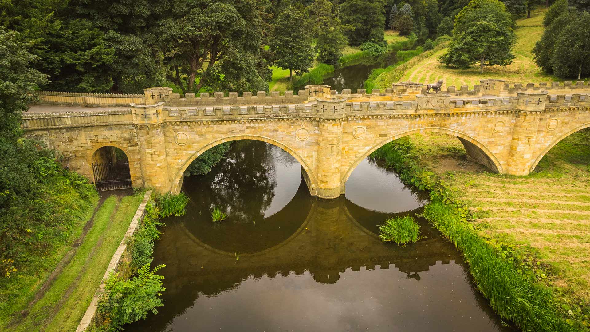 Aerial view over the bridge at Alnwick Castle