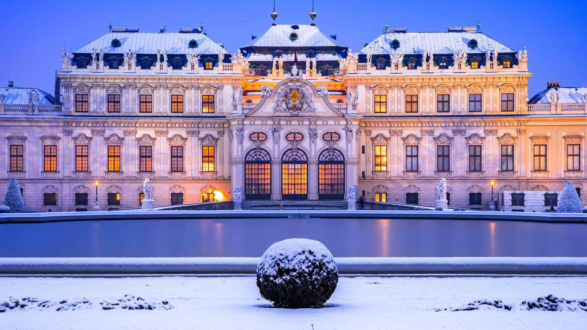 Belvedere Palace at night in winter, Vienna