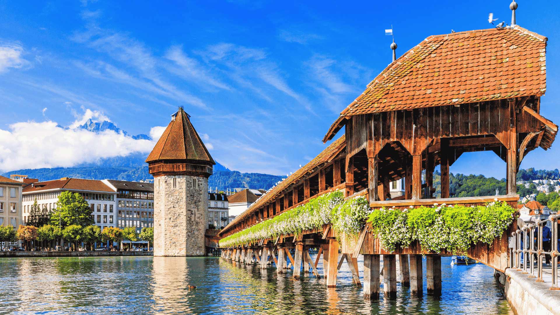 Chapel Bridge with scenic Mount Pilatus in background, Lucerne