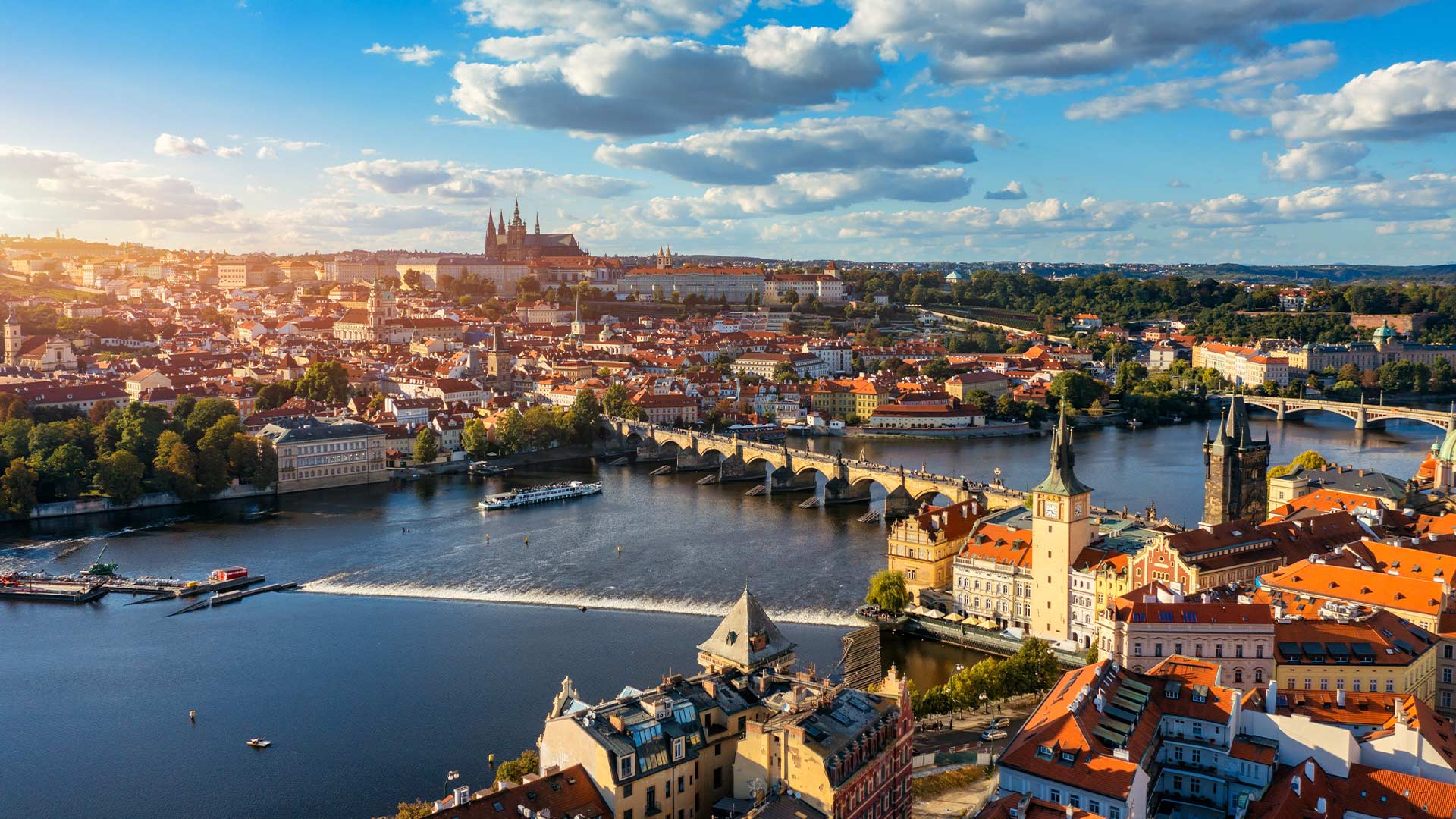 Bird’s-eye view of Charles Bridge crossing the Vltava in Prague