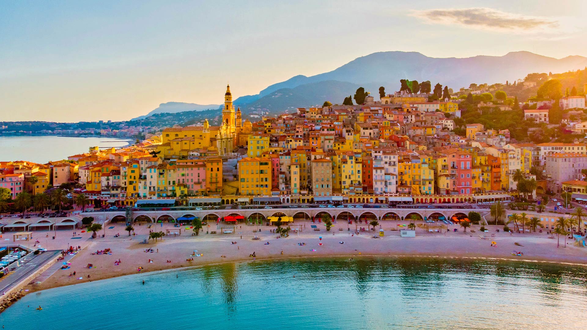 Colourful buildings of the old town of Menton at sunset