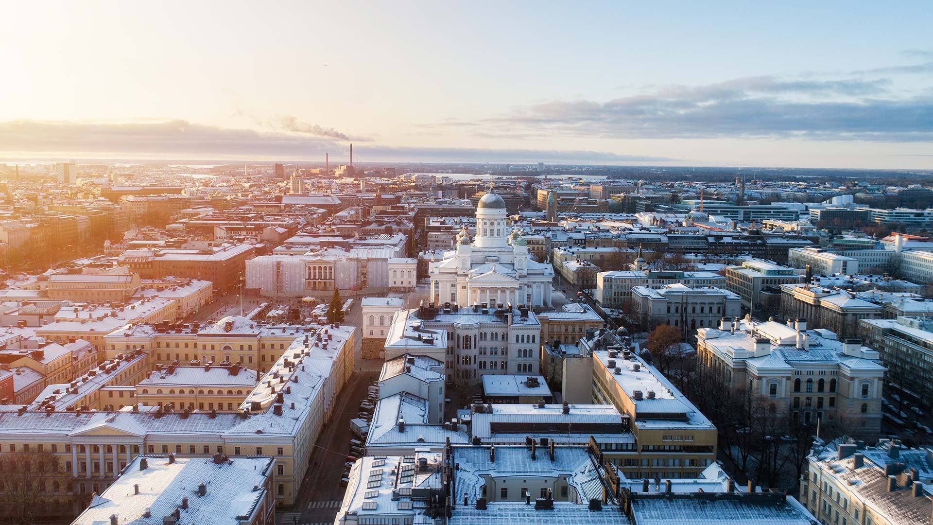 Winter susnset scenery of the Old Town in Helsinki