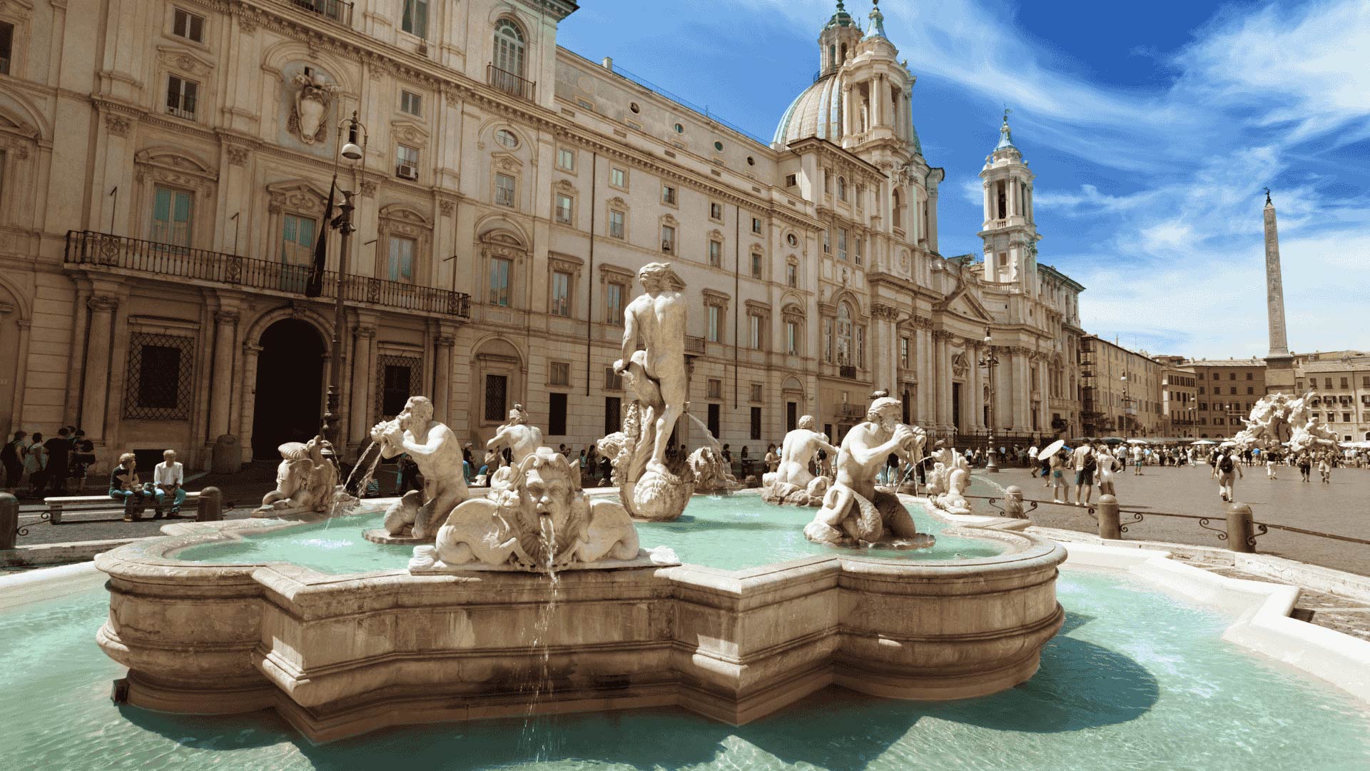 Piazza Navona in Rome with Four Rivers Fountain and St. Agnese Church