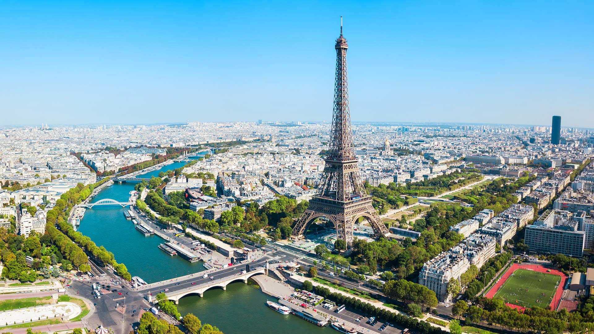Aerial view of the Eiffel tower and the River Seine