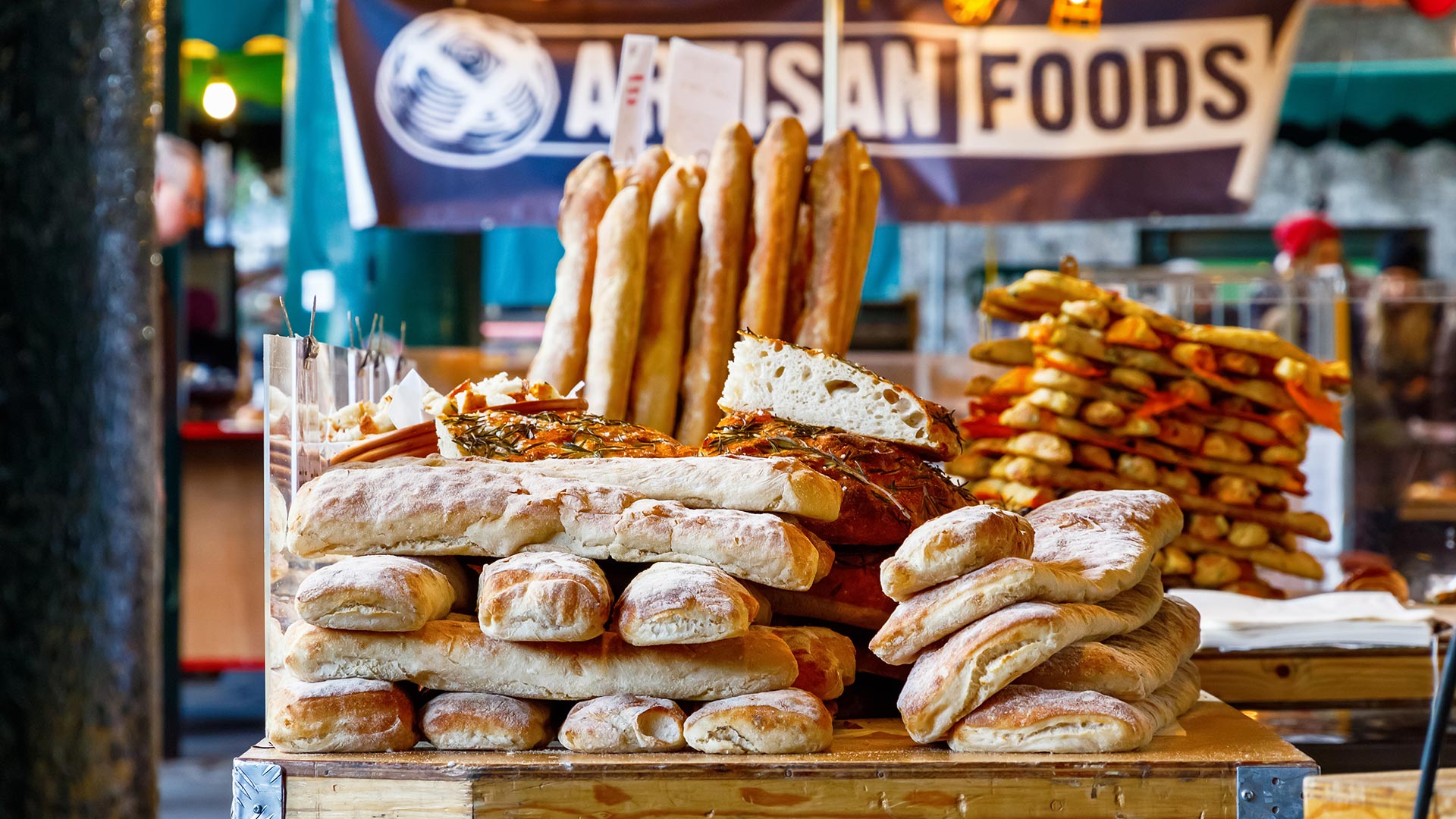 Freshly baked breads on display at Borough market, London