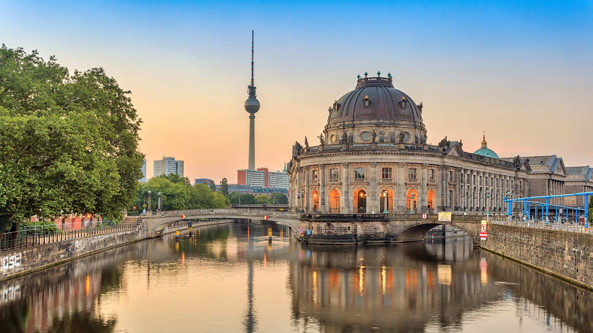 Morning glow on Berlin cityscape and Museum Island by the Spree river
