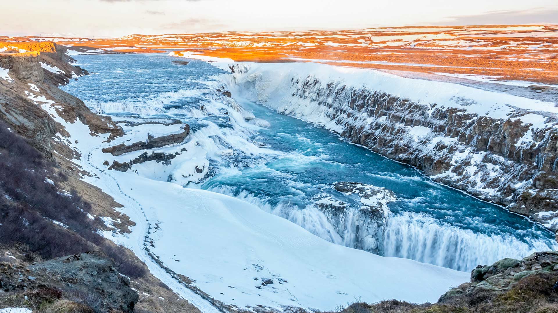 Snowy winter view of Gullfoss waterfall Iceland