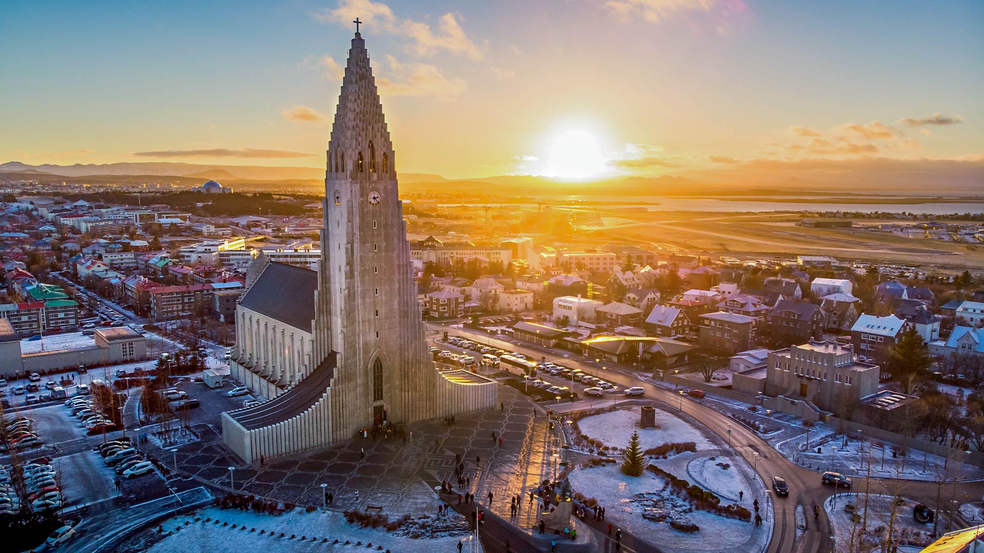Aerial view of Hallgrímskirkja Church during winter, Reykjavik