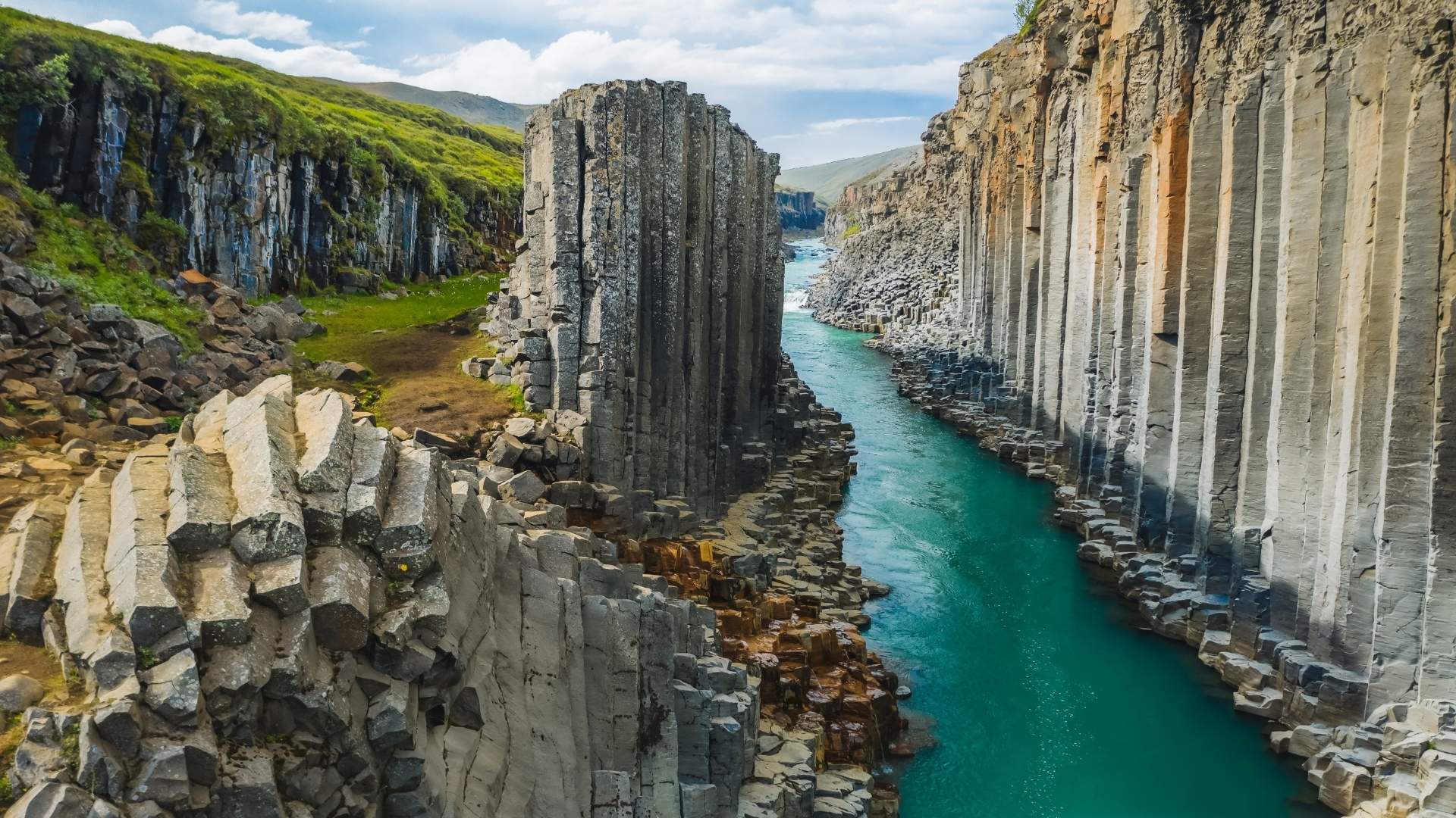 Stuðlagil Canyon with striking basalt column walls