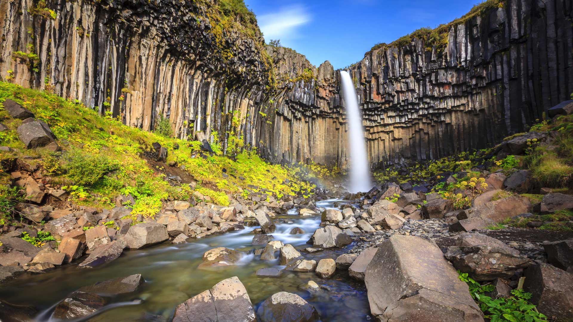 Svartifoss waterfall framed by dark basalt columns
