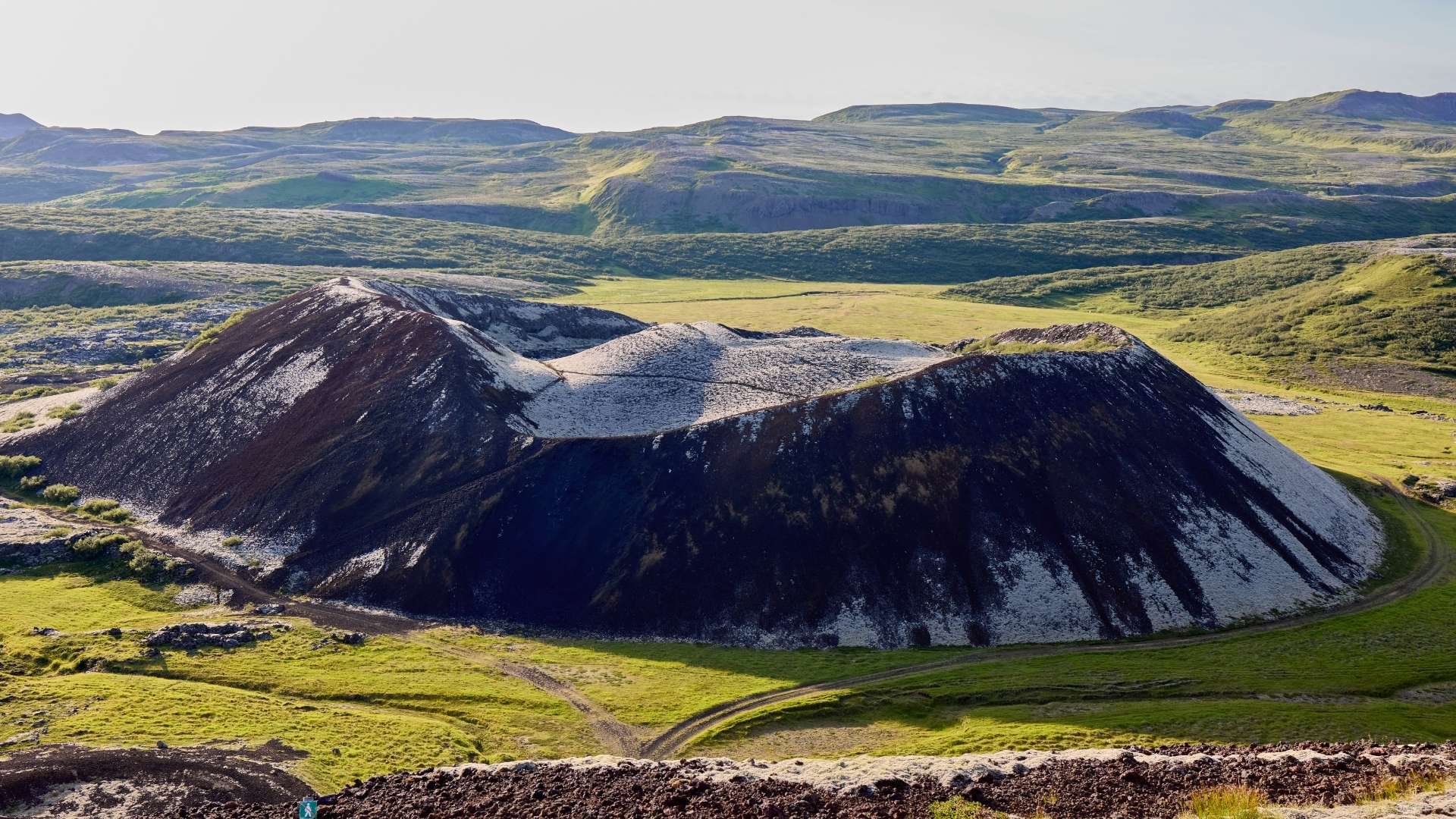 Panoramic view of Grábrók volcanic crater and valley