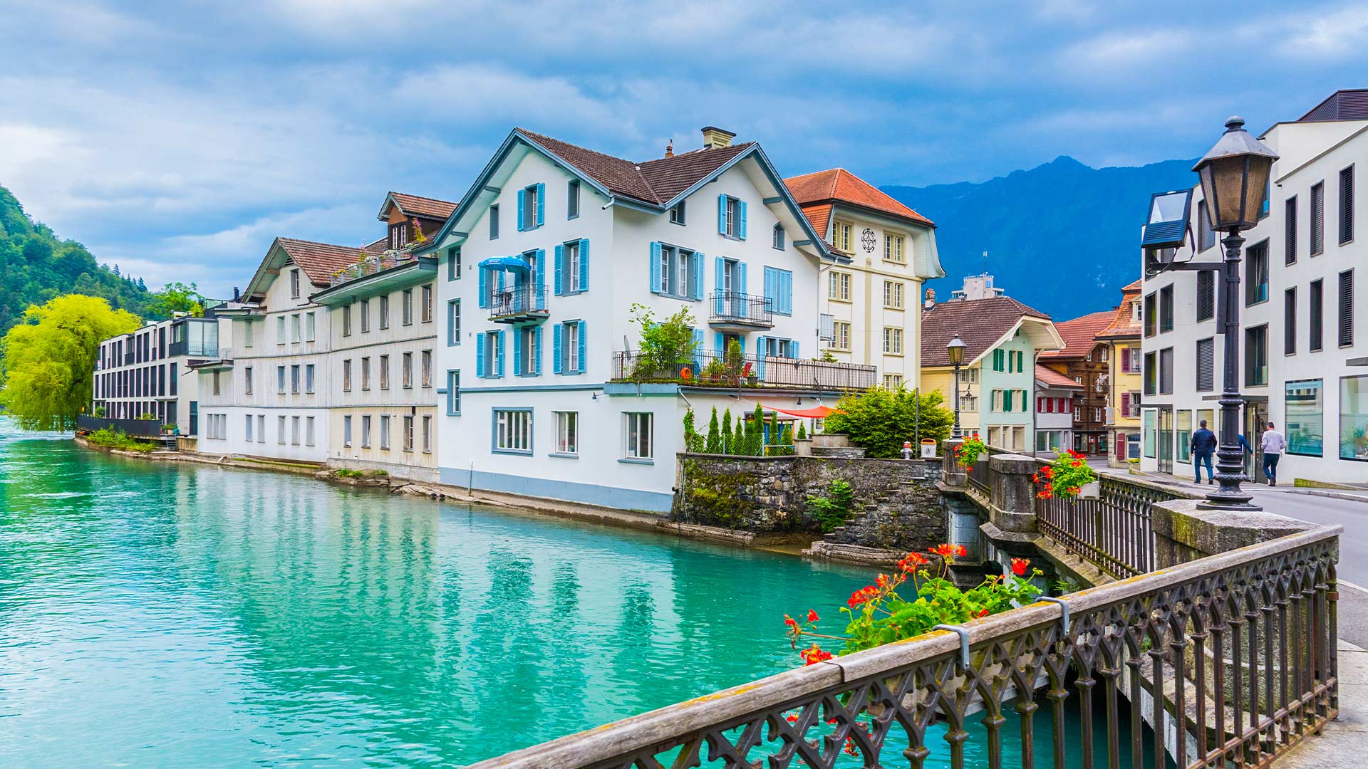 Interlaken town with Thunersee river Switzerland