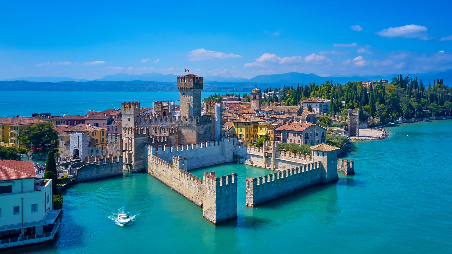 Aerial photography of Rocca Scaligera Castle in Sirmione