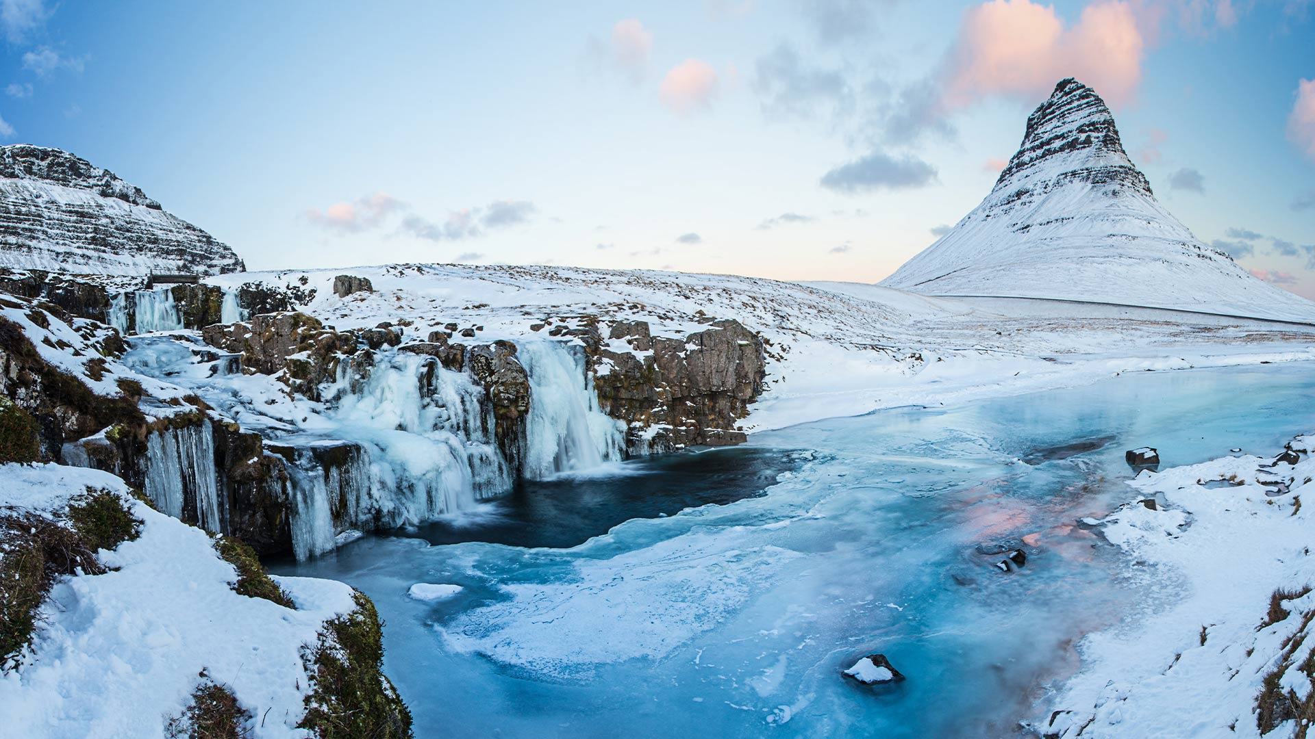 Kirkjufell mountain and waterfall in winter, Iceland