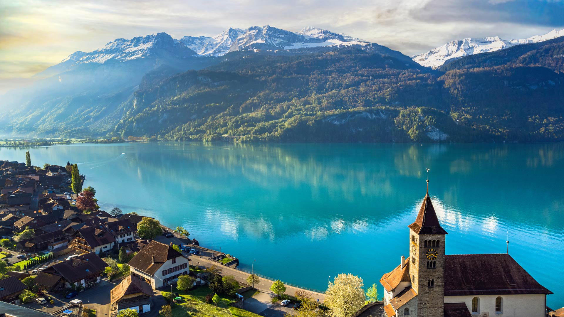 Turquoise waters of Lake Brienz, Iseltwald, Switzerland