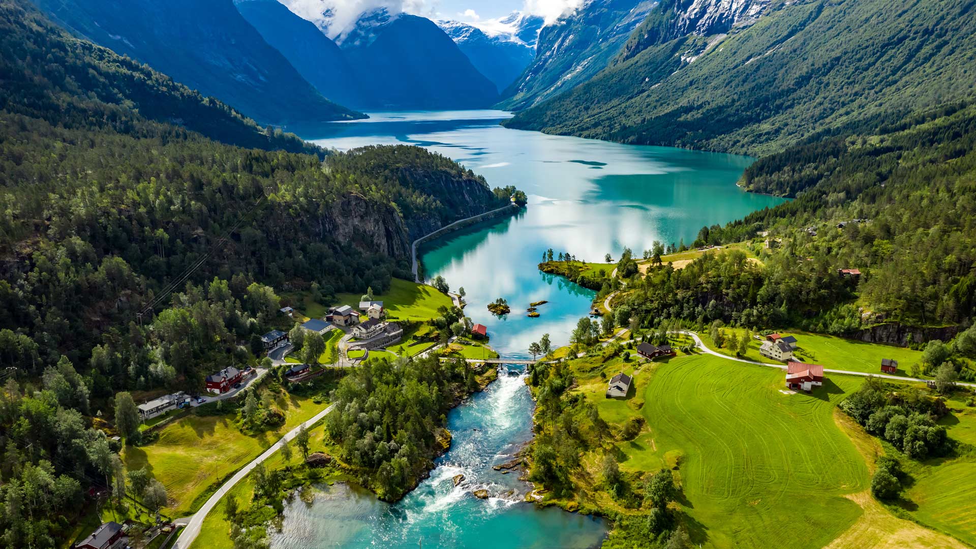 Aerial view over picturesque Lovatnet lake, Norway