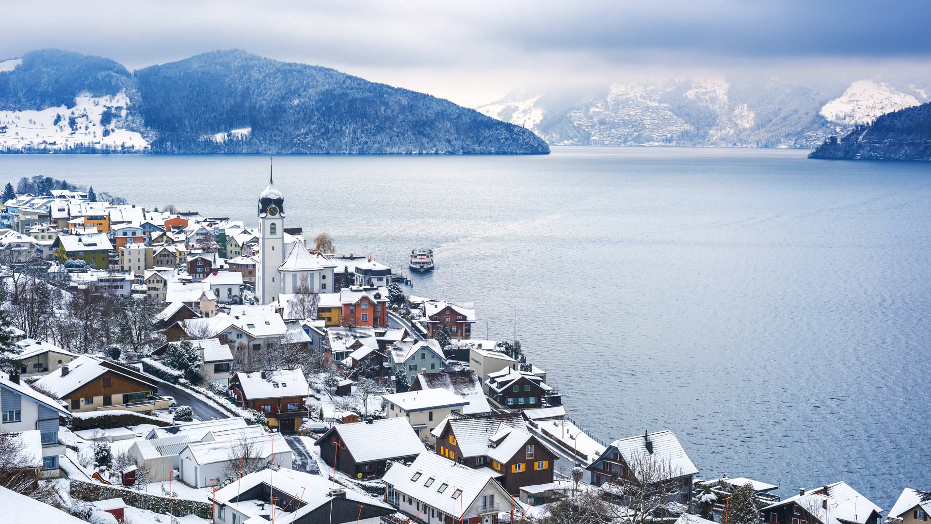 Winter landscape of Lucerne and Lake Lucerne