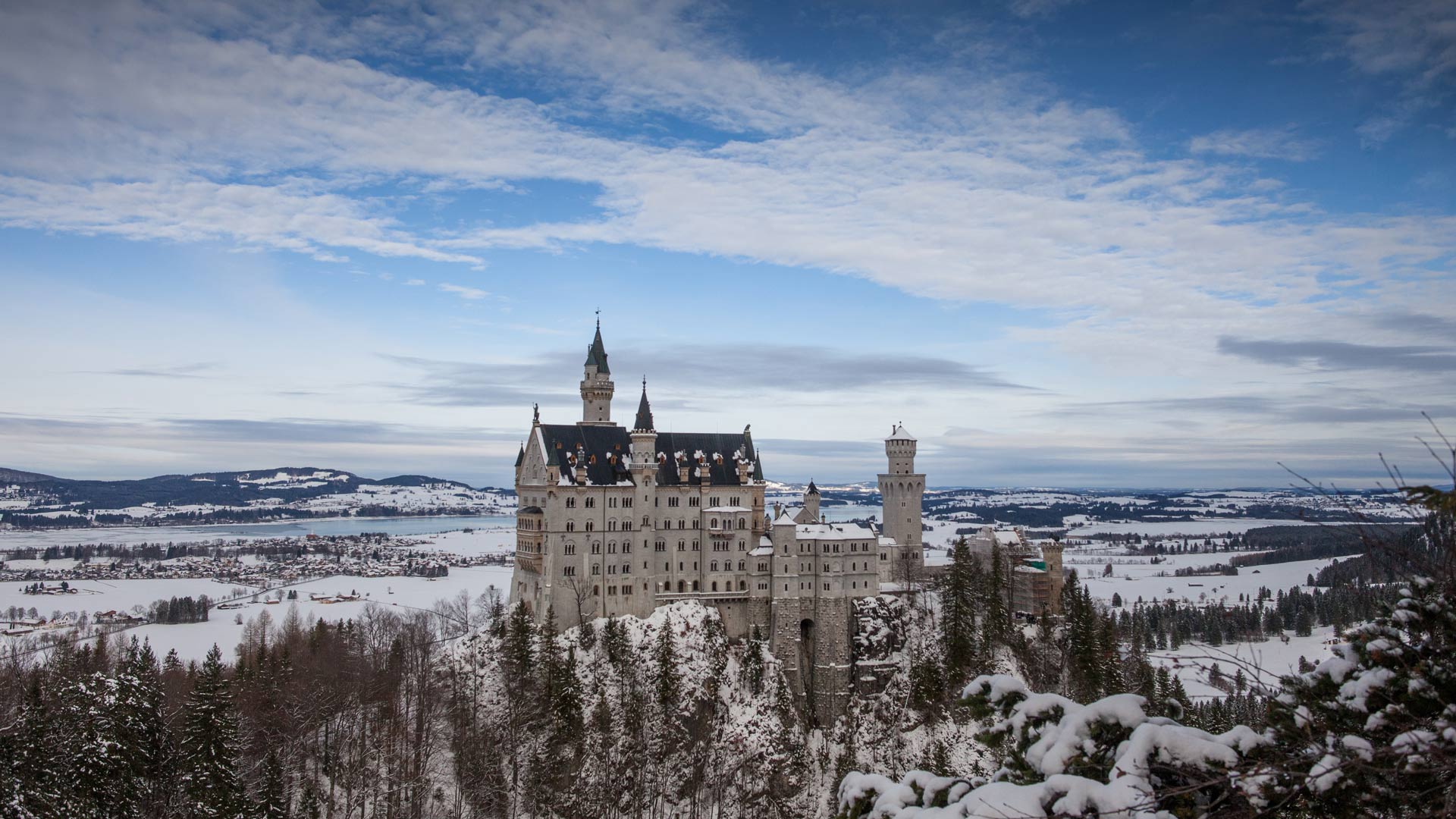 Panoramic view over the hills and Neuschwanstein Castle