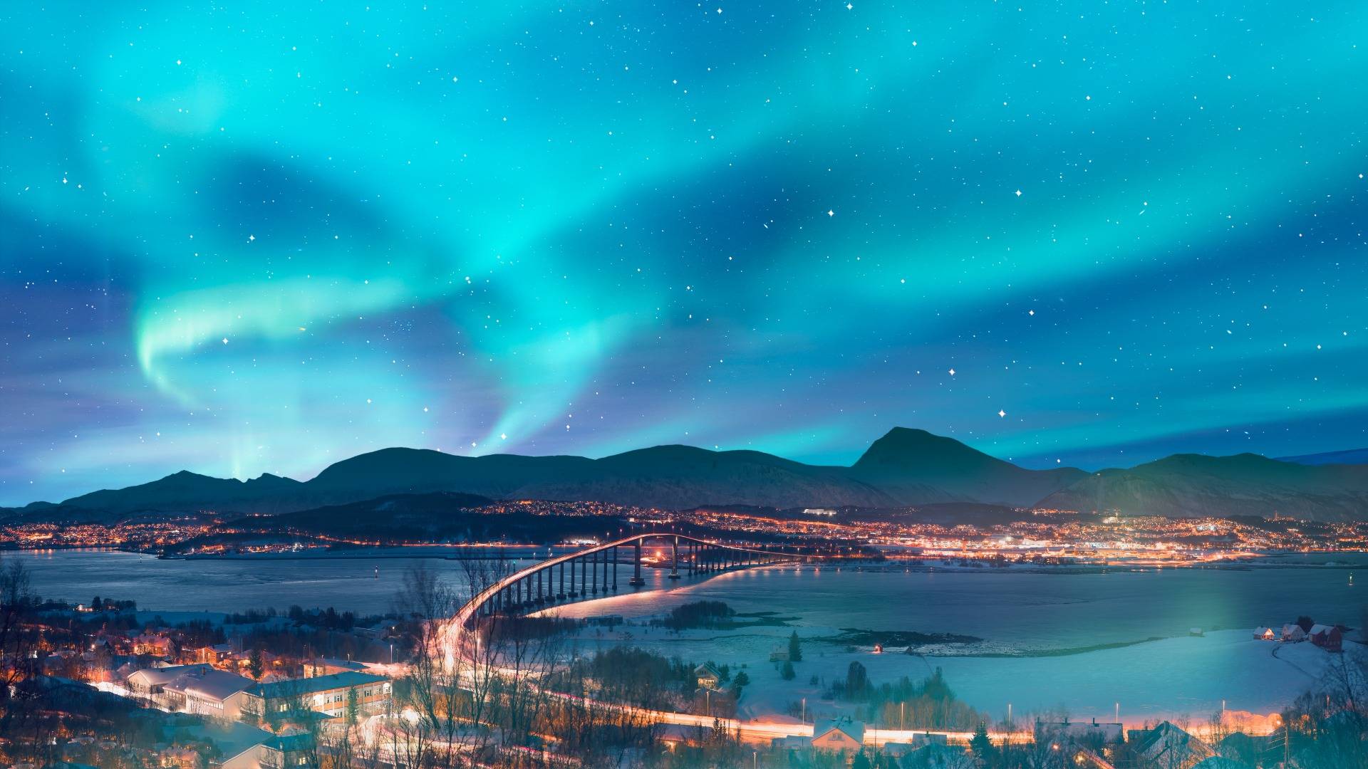 Northern lights in the sky over Tromsø with Sandnessundet bridge