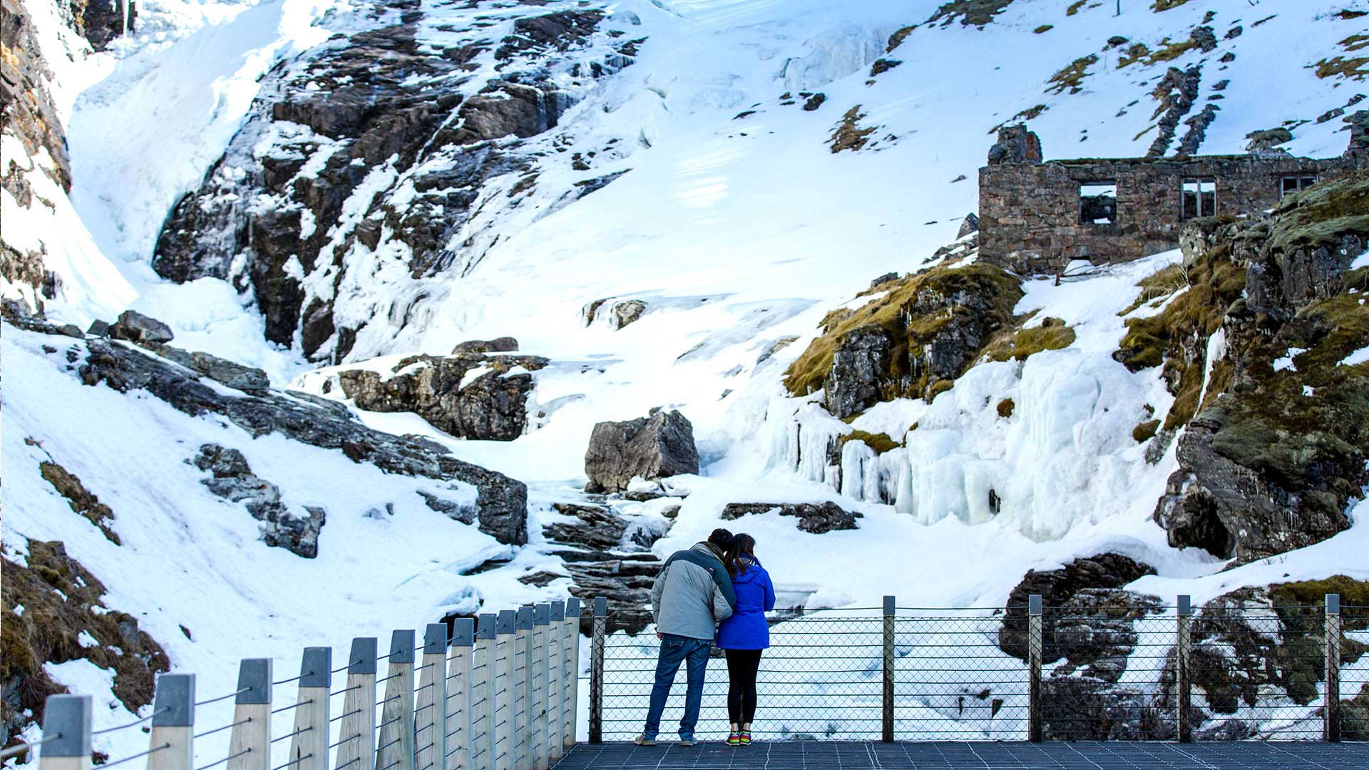 Kjosfossen waterfall in Aurland by winter
