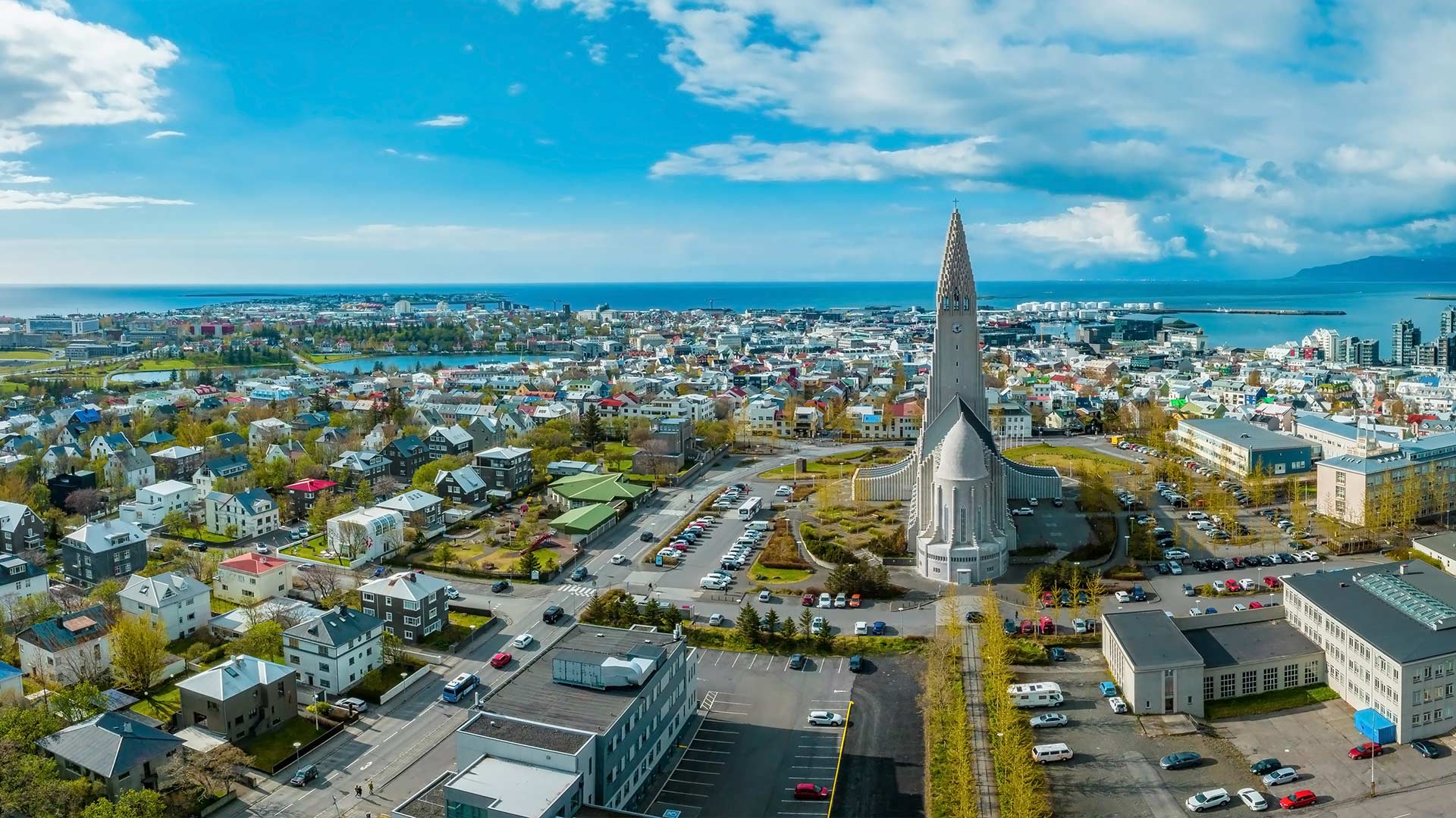 Wide view of Reykjavik with blooming trees and clear skies.