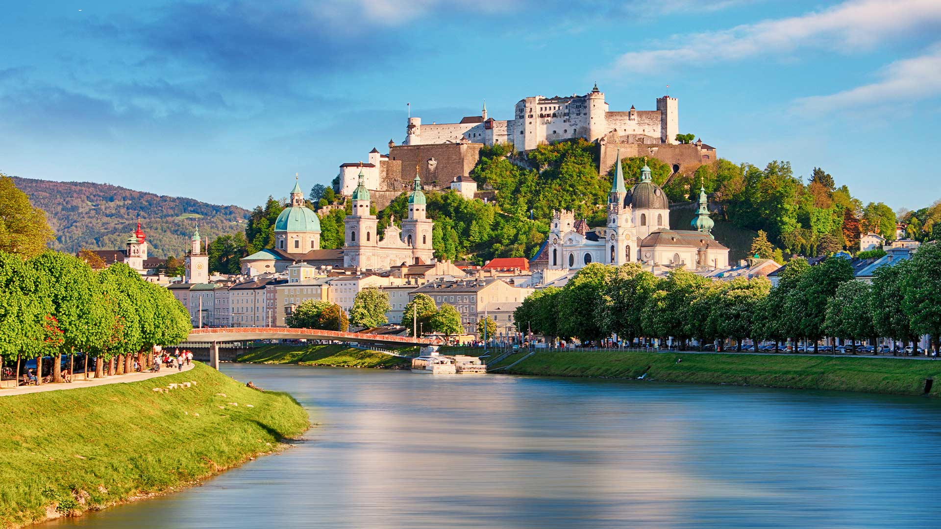 Panoramic view of Salzburg with Festung Hohensalzburg and Salzach River