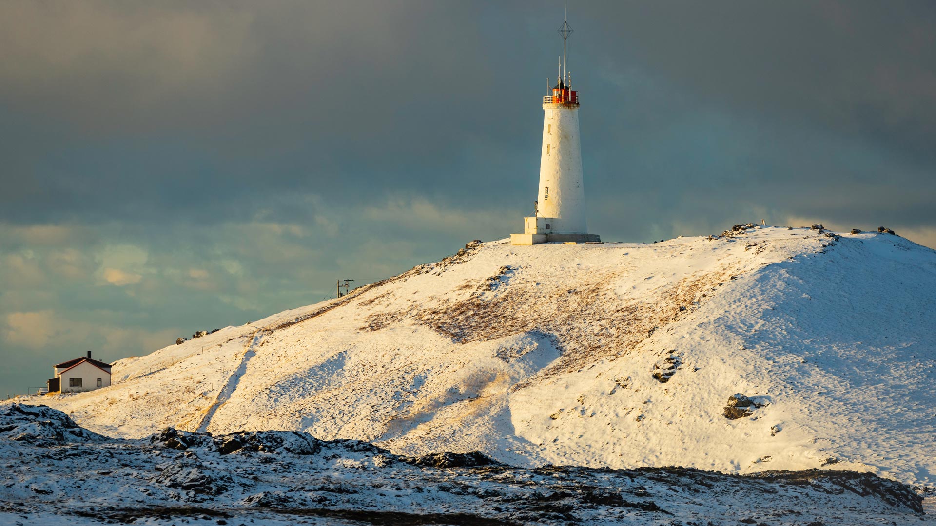 Reykjanes Lighthouse in winter sunlight, Iceland