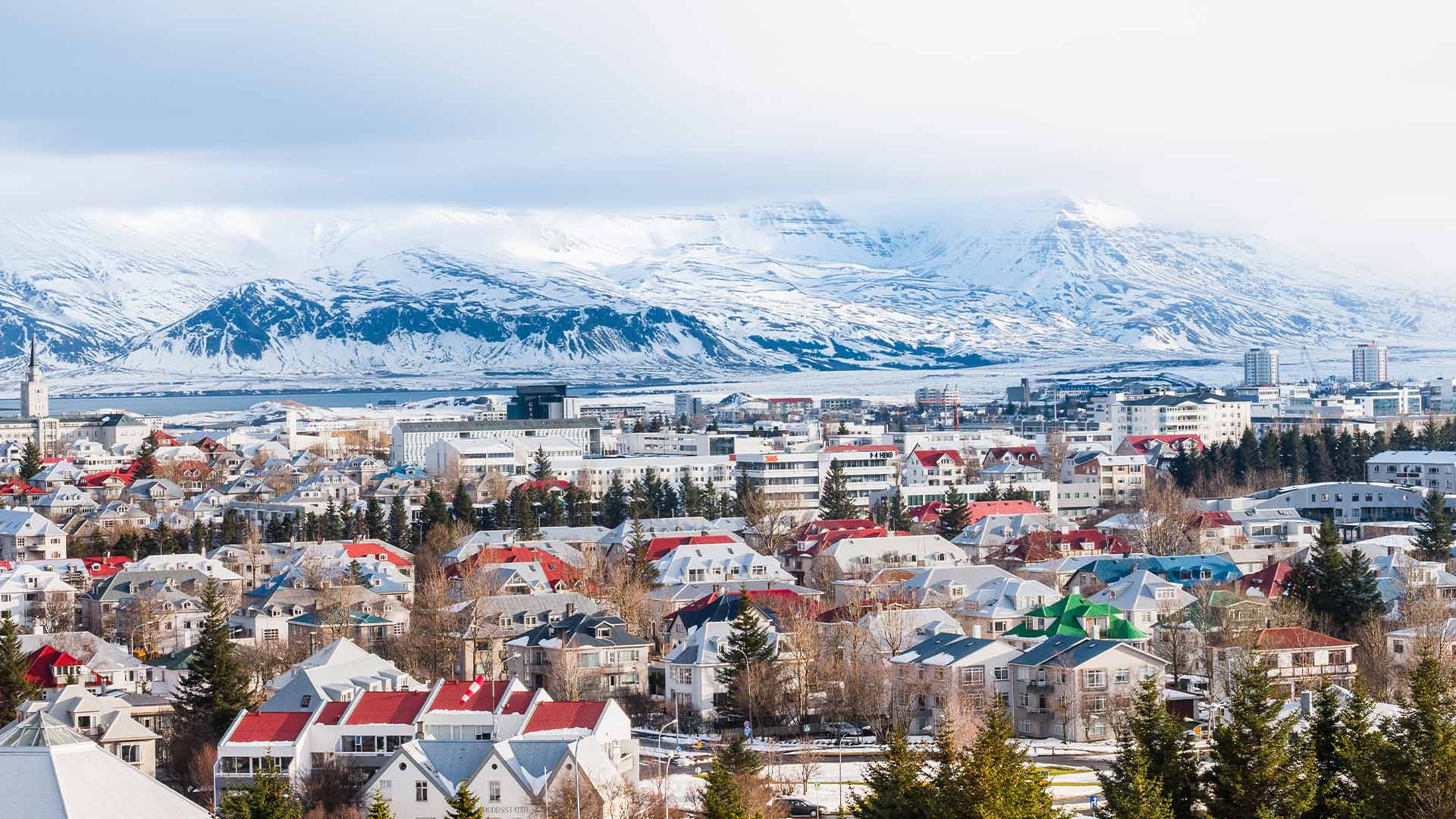 Aerial view of snow-covered Reykjavik in winter.