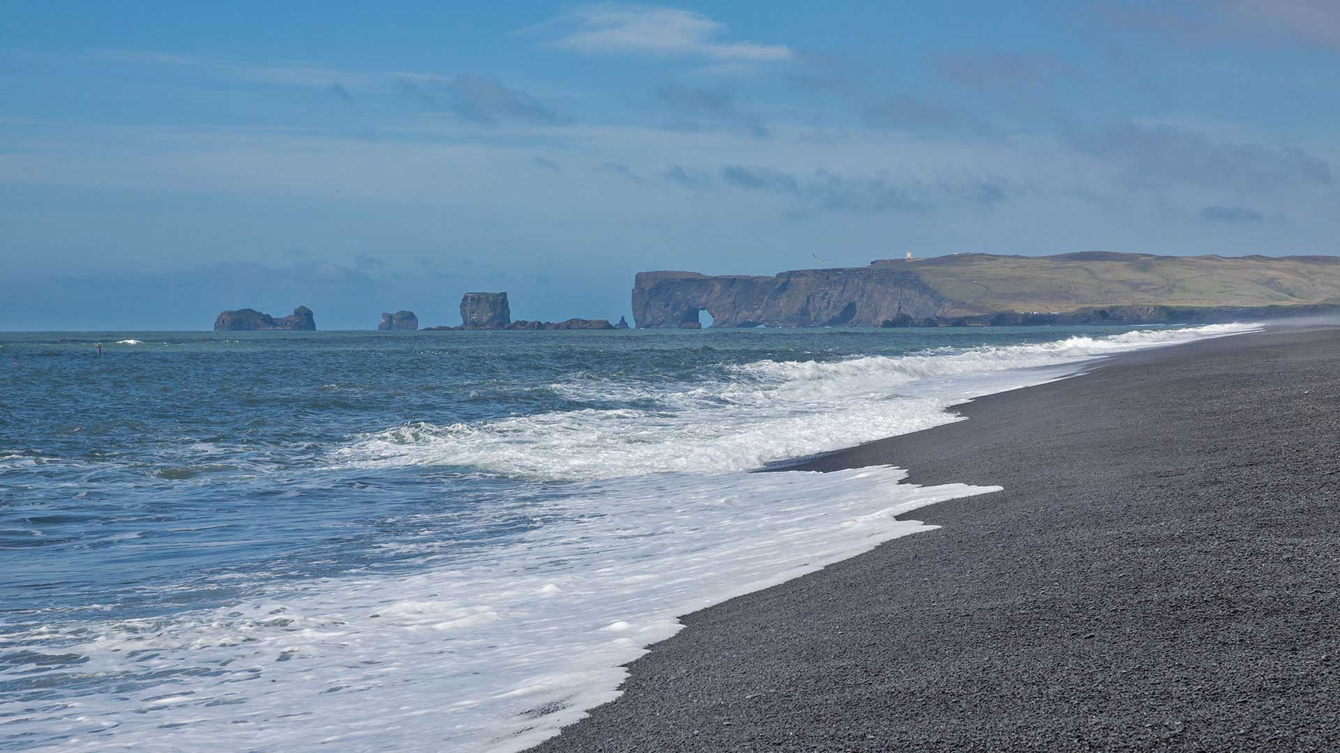  View from Reynisfjara beach to Dyrhólaey in South Iceland