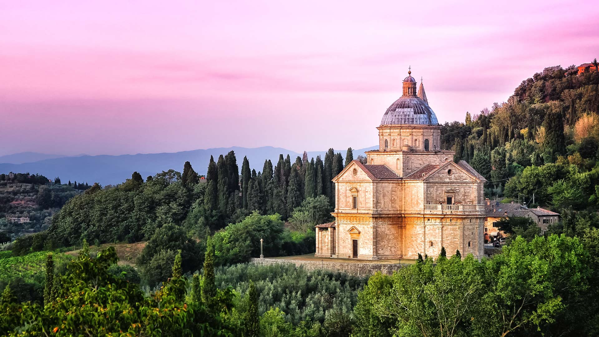 San Biagio Cathedral at sunset, Montepulciano in Tuscany