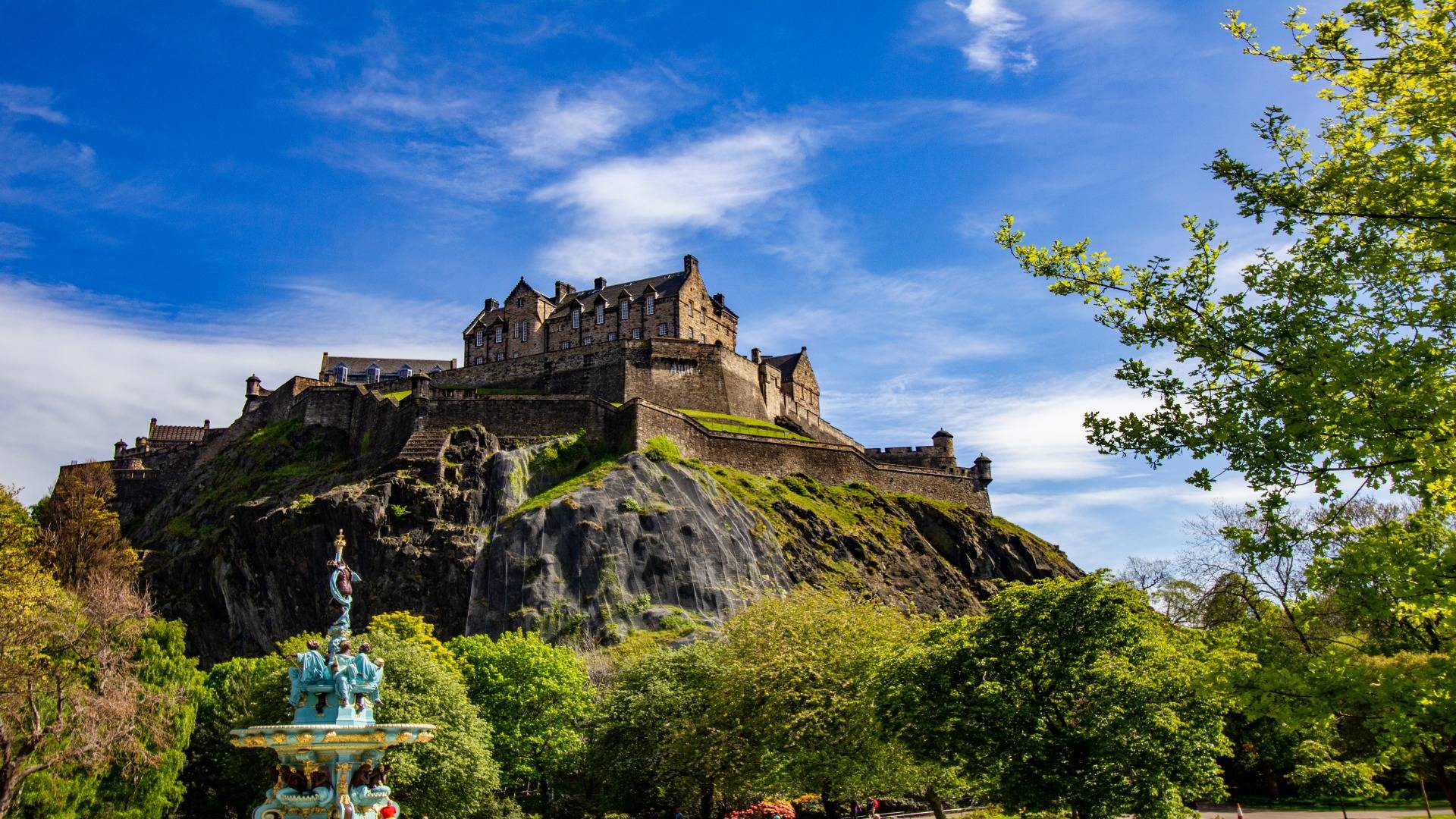 View of Edinburgh Castle from Princes Street Gardens in summer