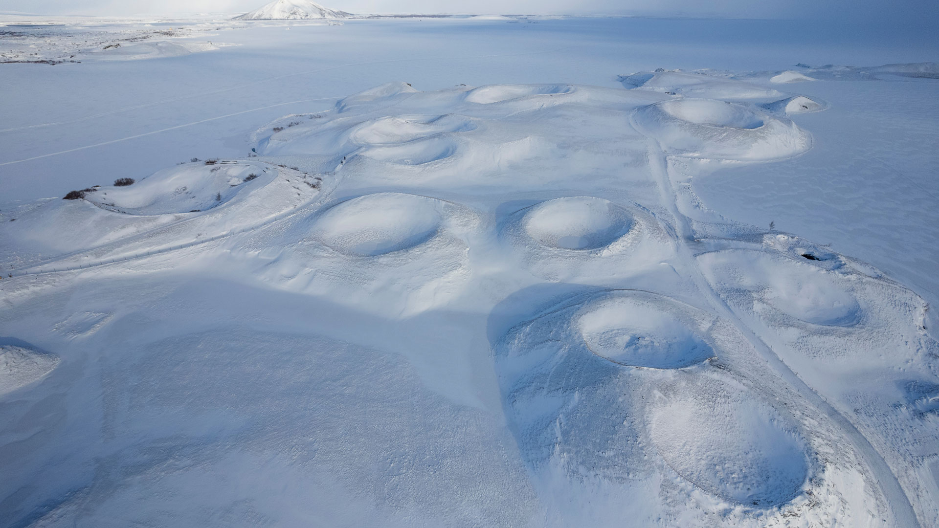 Aerial view of Skútustaðagígar pseudo craters in North Iceland