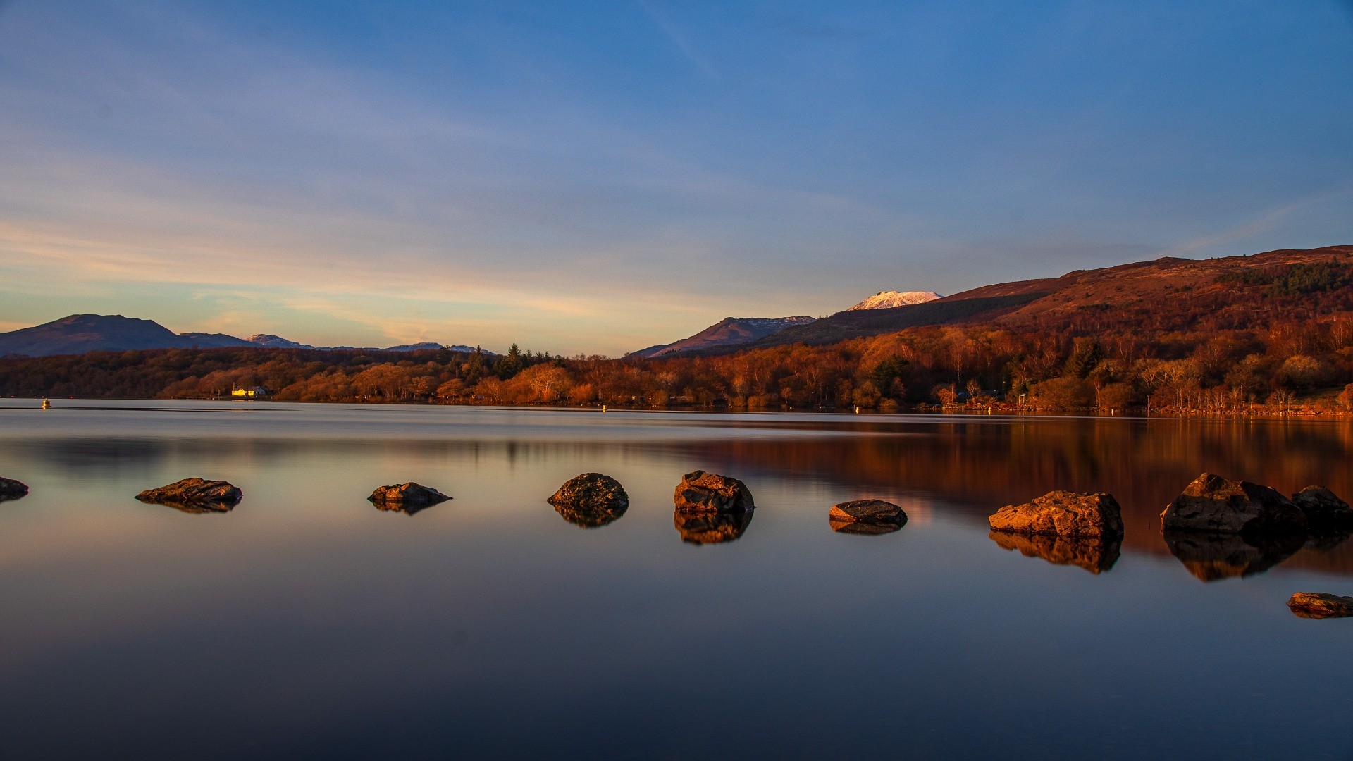 Still water of Loch Lomond in autumn