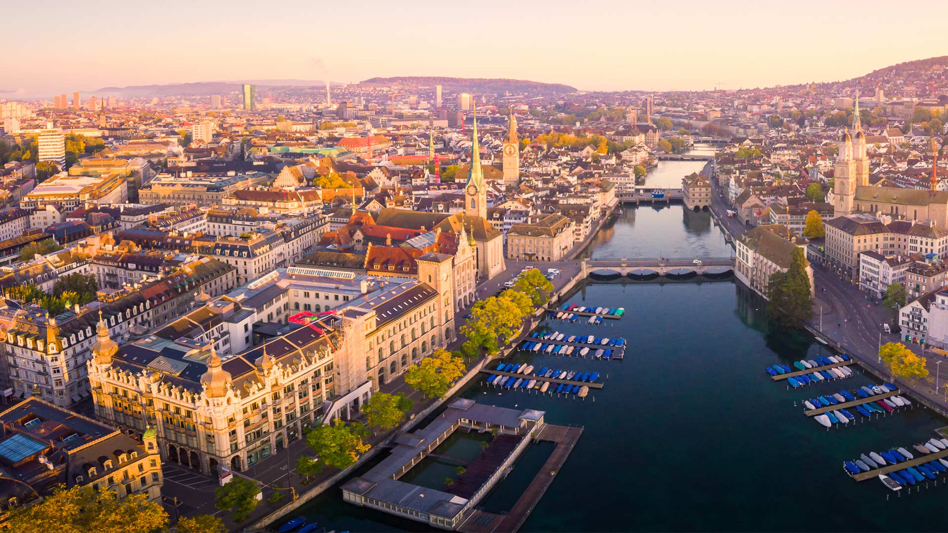 Aerial view of Zurich and river Limmat