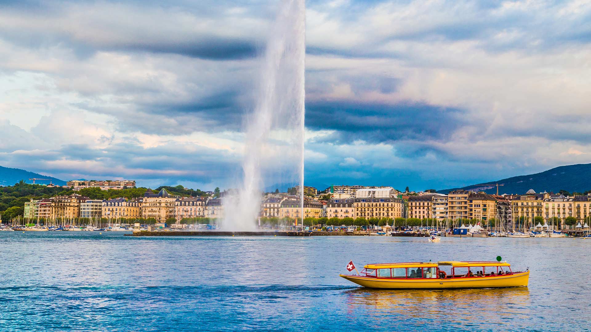City of Geneva with famous Jet d'Eau fountain, Switzerland