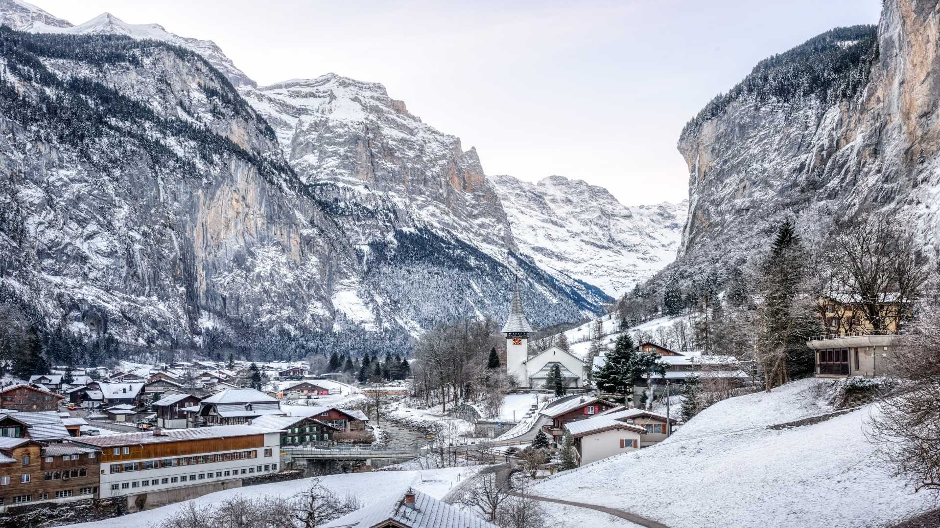 Lauterbrunnen valley in the snow in winter