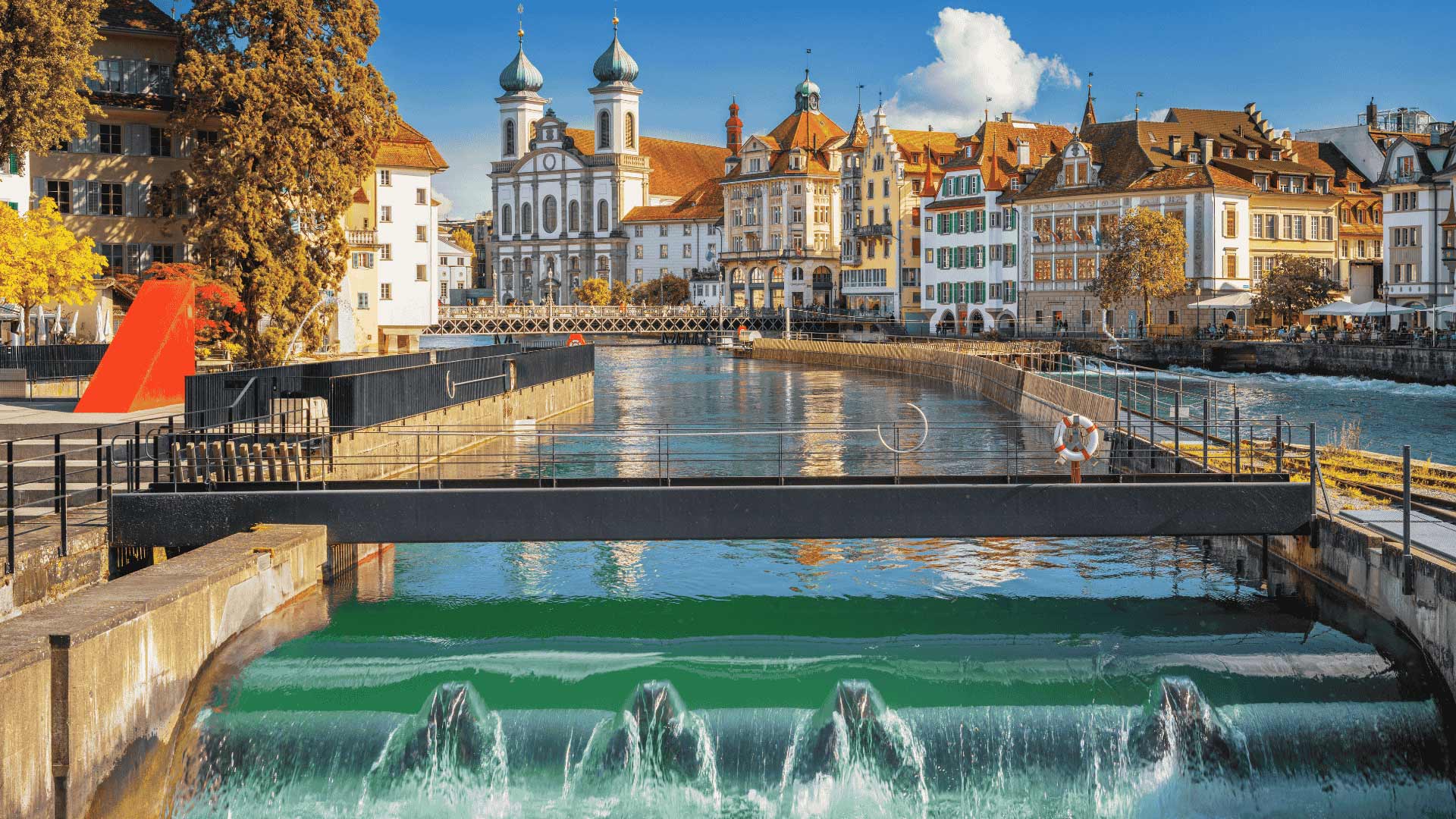 Scenic Lucerne skyline seen from historic Spreuerbrücke Bridge