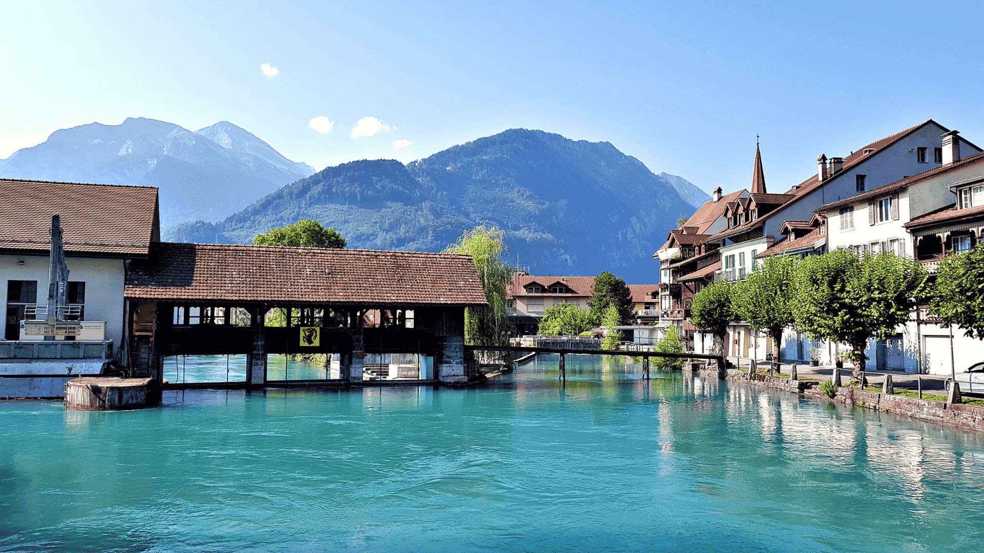 Swiss buildings along River Aare in Interlaken Unterseen