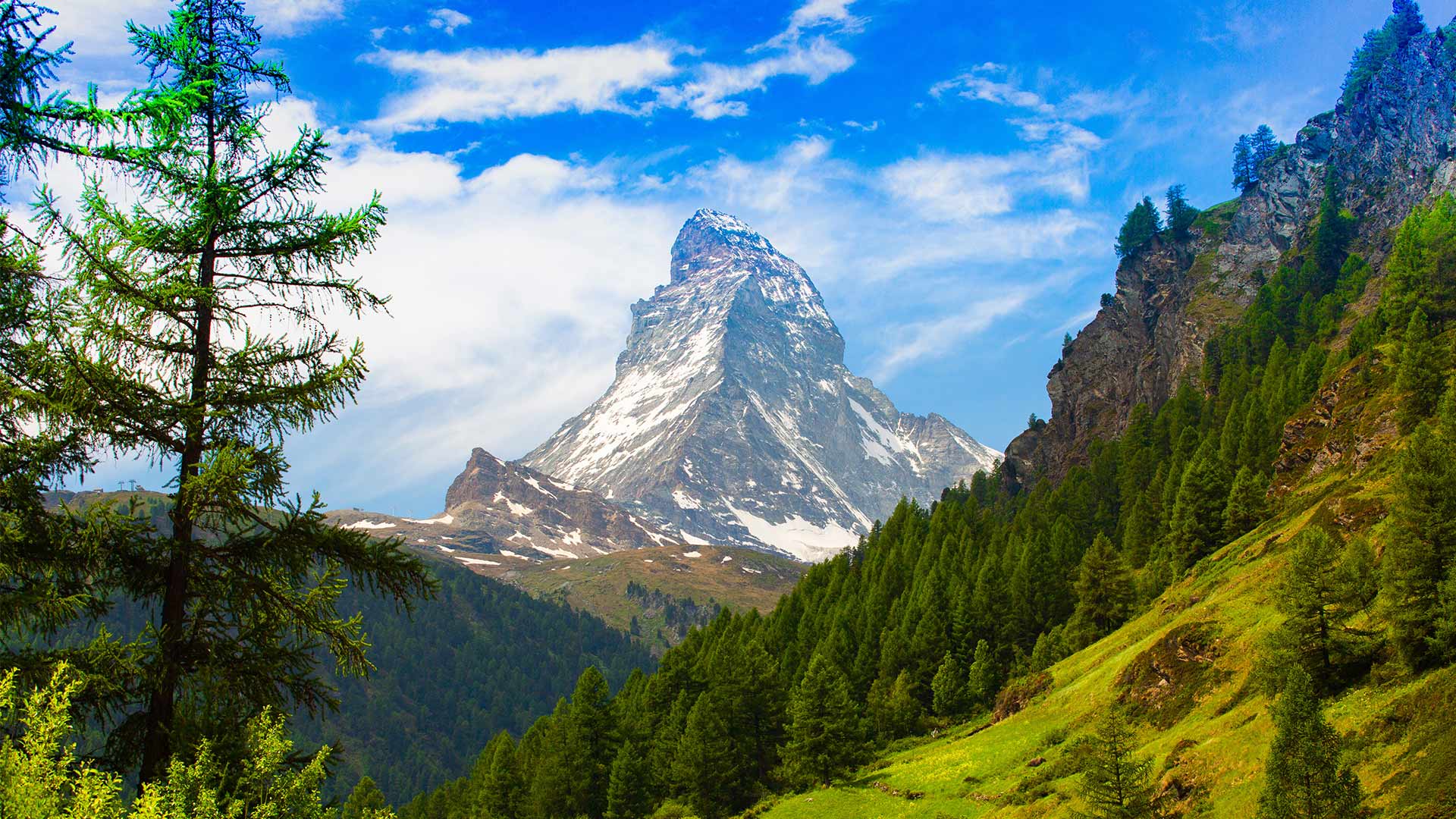 The peak of Matterhorn in Switzerland from the village of Zermatt