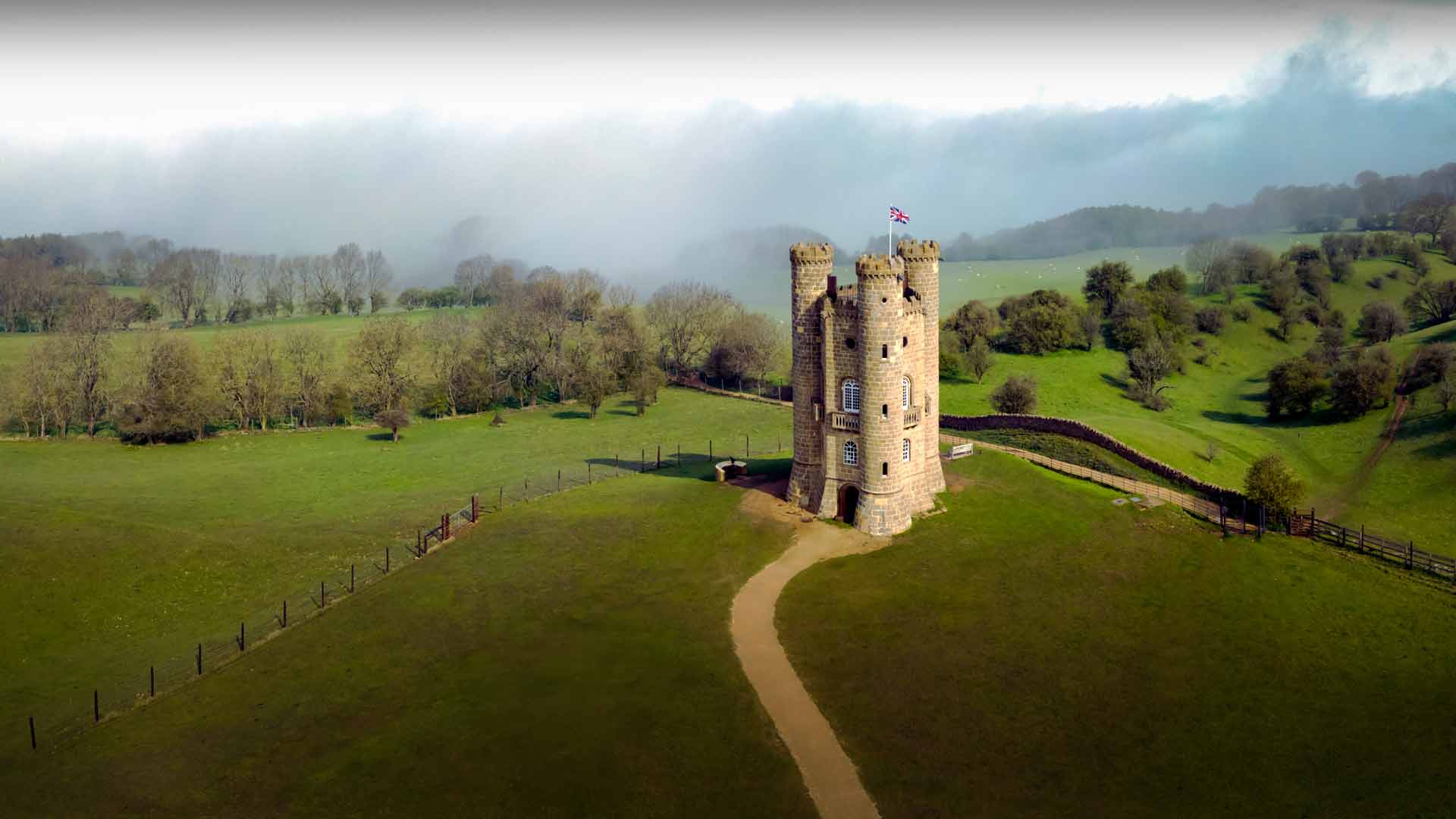 Aerial view over the Broadway Tower, Cotswolds