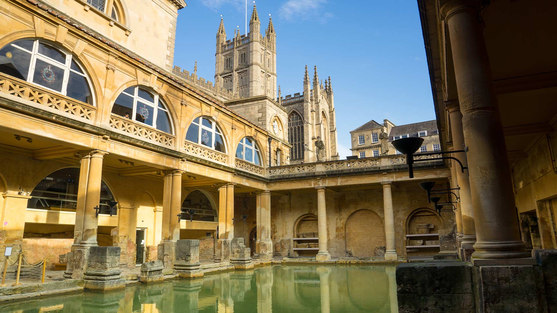 Roman Baths with Bath Abbey, Bath, England