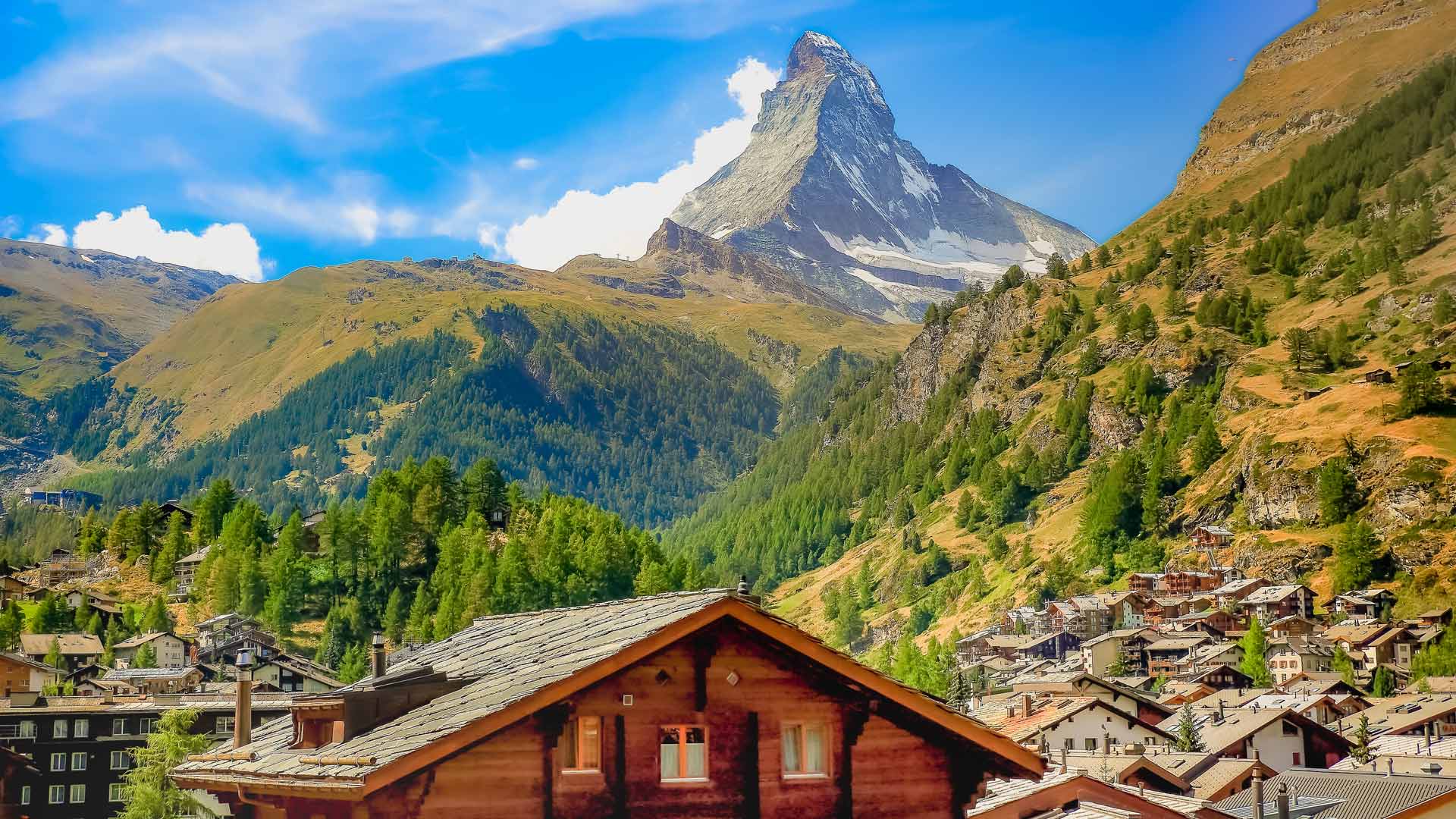 Zermatt idyllic valley at sunrise, Matterhorn, Swiss Alps