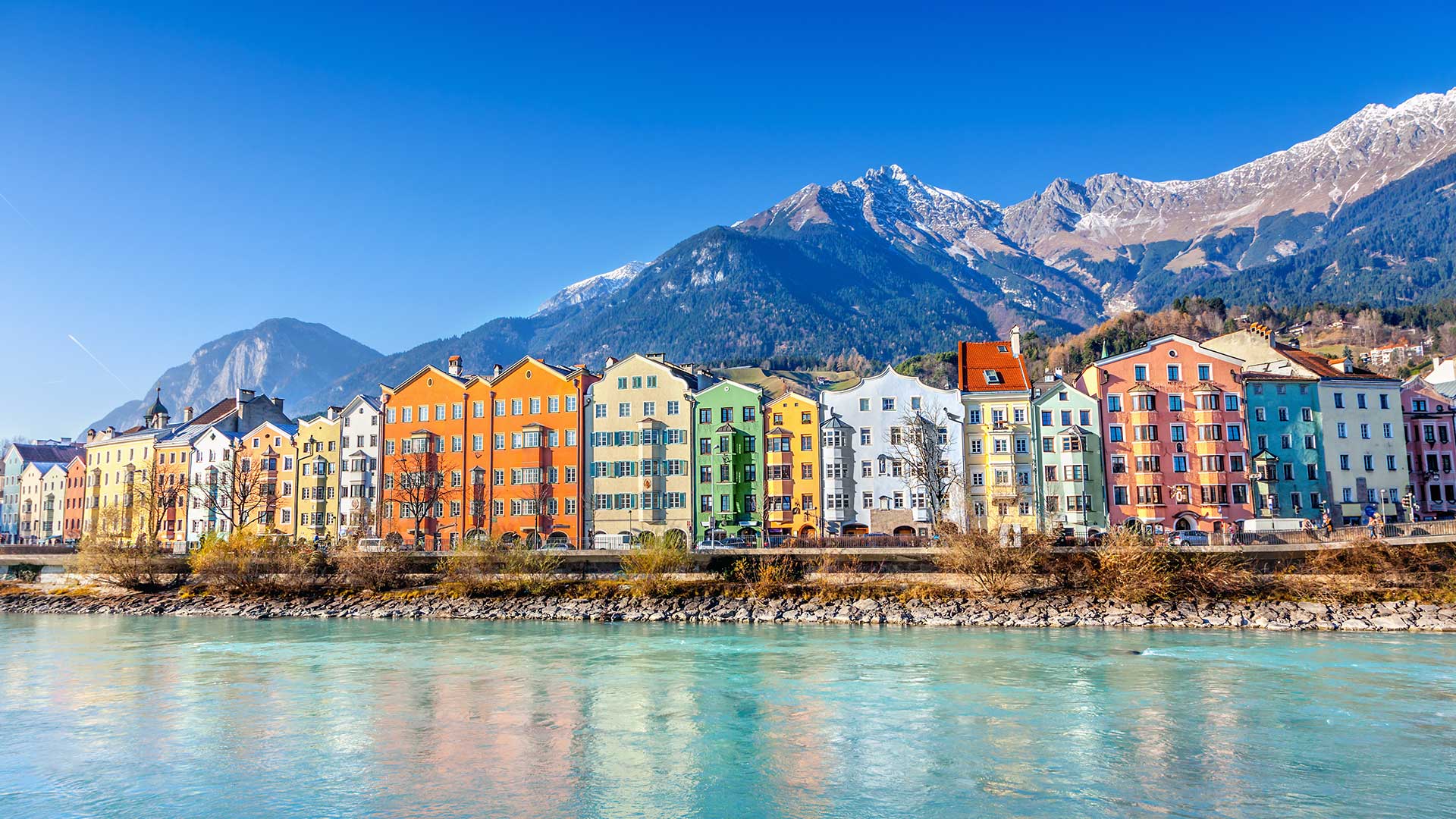 Colourful riverfront buildings in Innsbruck, Austria