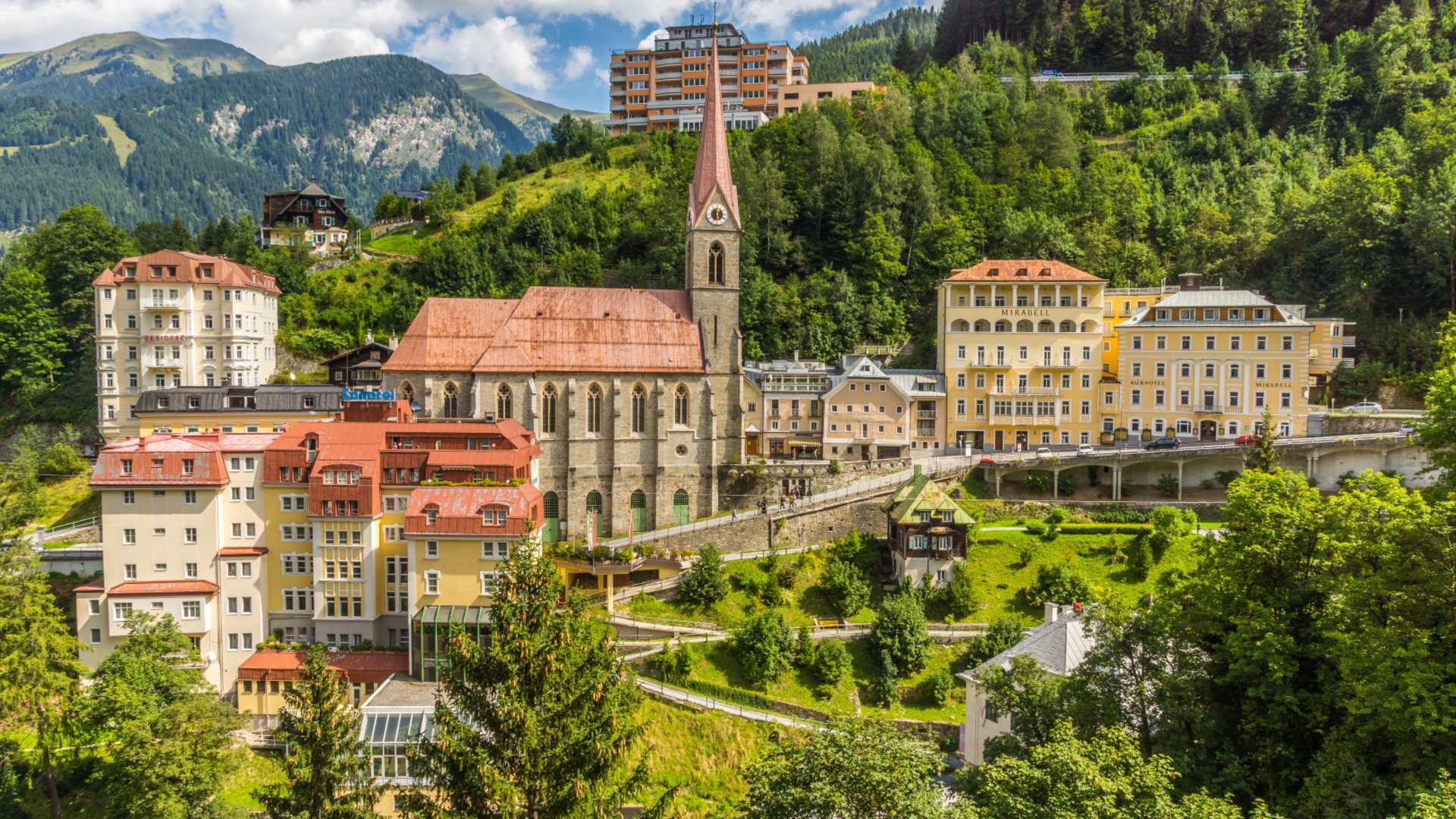 View over Bad Gastein with Primus Church and surrounding mountains