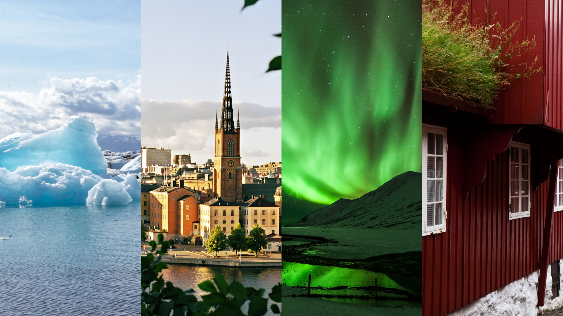 Composite image of Jökulsárlón glacial lagoon, Stockholm, northern lights over Kirkjufell and old houses in Bergen