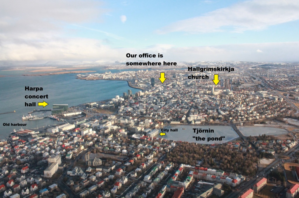 Tiny Reykjavik birds view of central Reykjavik